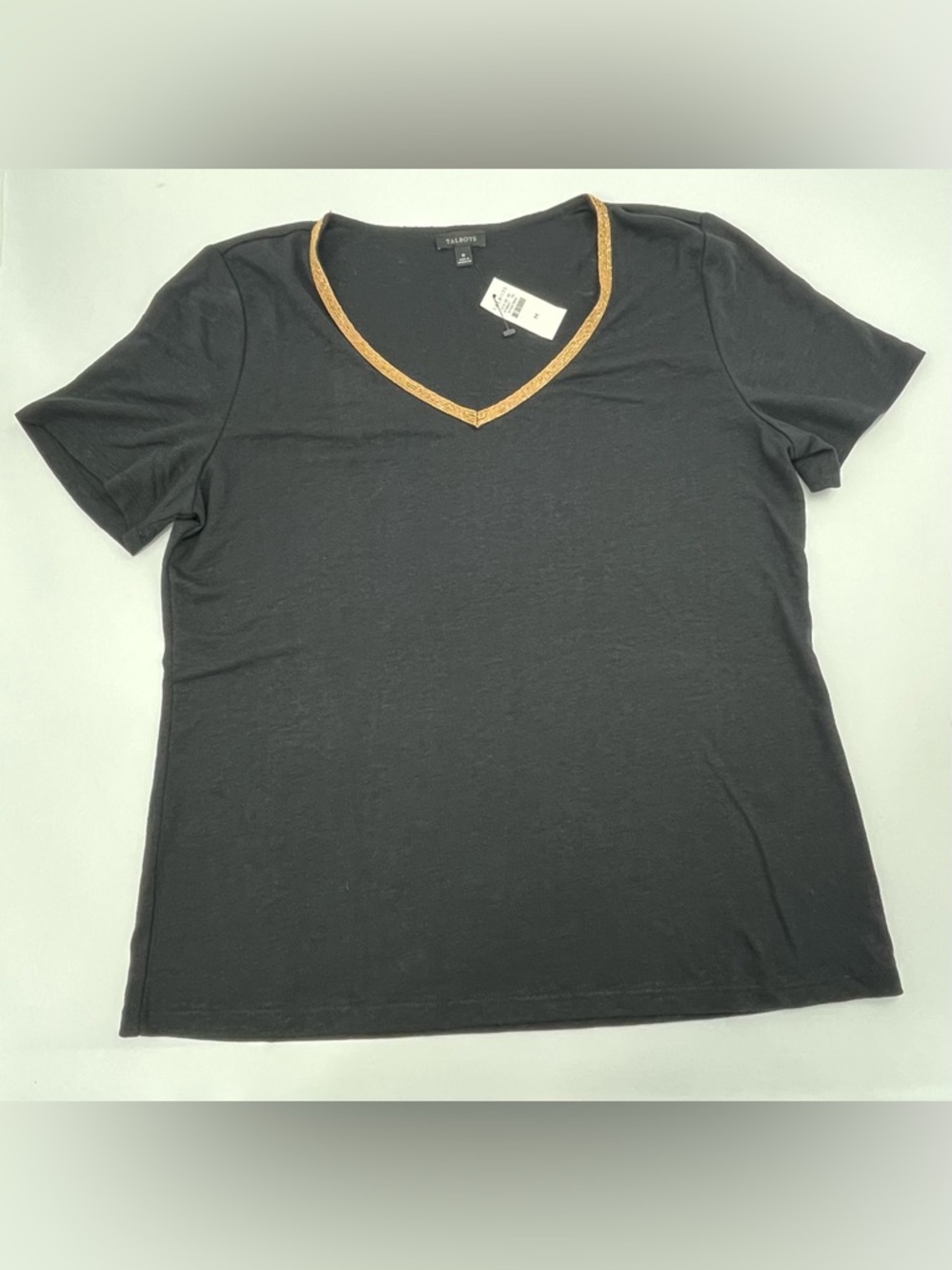 Talbots Black V-Neck Short Sleeve Top with Gold Trim Accent